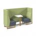 Encore² open high back 2 person meeting booth with table and wooden sled frame - elapse grey seats with endurance green backs and infill panel