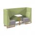 Encore² open high back 2 person meeting booth with table and wooden sled frame - forecast grey seats with endurance green backs and infill panel