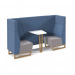 Encore open high back 2 person meeting booth with table and wooden sled frame - forecast grey seats with range blue backs and infill panel ENCOP-POD02-WF-FG-RB