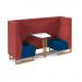 Encore² open high back 2 person meeting booth with table and wooden sled frame - maturity blue seats with extent red backs and infill panel