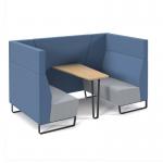 Encore² open high back 4 person meeting booth with kendal oak table and black sled frame - late grey seats with range blue backs and infill panel ENCOP-POD04-MF-KO-LG-RB