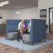 Encore² open high back 4 person meeting booth with kendal oak table and black sled frame - late grey seats with range blue backs and infill panel ENCOP-POD04-MF-KO-LG-RB