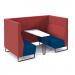 Encore² open high back 4 person meeting booth with table and black sled frame - maturity blue seats with extent red backs and infill panel