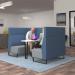 Encore² open high back 4 person meeting booth with white table and black sled frame - late grey seats with range blue backs and infill panel ENCOP-POD04-MF-WH-LG-RB