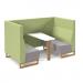 Encore² open high back 4 person meeting booth with table and wooden sled frame - forecast grey seats with endurance green backs and infill panel