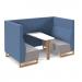 Encore² open high back 4 person meeting booth with table and wooden sled frame - forecast grey seats with range blue backs and infill panel