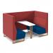 Encore² open high back 4 person meeting booth with table and wooden sled frame - maturity blue seats with extent red backs and infill panel
