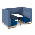 Encore open high back 4 person meeting booth with table and wooden sled frame - maturity blue seats with range blue backs and infill panel ENCOP-POD04-WF-MB-RB