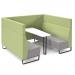 Encore² open high back 6 person meeting booth with table and black sled frame - forecast grey seats with endurance green backs and infill panel