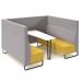 Encore² open high back 6 person meeting booth with table and black sled frame - lifetime yellow seats with forecast grey backs and infill panel