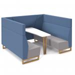 Encore open high back 6 person meeting booth with table and wooden sled frame - forecast grey seats with range blue backs and infill panel ENCOP-POD06-WF-FG-RB