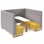 Encore open high back 6 person meeting booth with table and wooden sled frame - lifetime yellow seats with forecast grey backs and infill panel ENCOP-POD06-WF-LY-FG