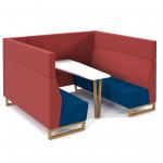 Encore open high back 6 person meeting booth with table and wooden sled frame - maturity blue seats with extent red backs and infill panel ENCOP-POD06-WF-MB-ER