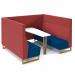 Encore² open high back 6 person meeting booth with table and wooden sled frame - maturity blue seats with extent red backs and infill panel