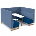 Encore open high back 6 person meeting booth with table and wooden sled frame - maturity blue seats with range blue backs and infill panel ENCOP-POD06-WF-MB-RB
