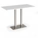 Eros rectangular poseur table with flat brushed steel rectangular base and twin uprights 1600mm x 800mm - white