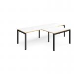 Adapt double straight desks 2800mm x 800mm with 800mm return desks - black frame, white top with oak edge ER2888-K-WO