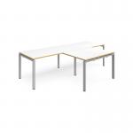 Adapt double straight desks 2800mm x 800mm with 800mm return desks - silver frame, white top with oak edge ER2888-S-WO