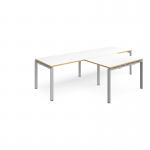 Adapt double straight desks 2800mm x 800mm with 800mm return desks - silver frame, white top with oak edge ER2888-S-WO