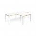 Adapt double straight desks 2800mm x 800mm with 800mm return desks - white frame, white top with oak edge ER2888-WH-WO