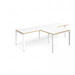Adapt double straight desks 3200mm x 800mm with 800mm return desks - white frame, white top with oak edge ER3288-WH-WO
