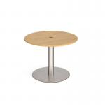 Eternal circular meeting table 1000mm with central circular cutout 80mm - brushed steel base and oak top ETN10C-CO-BS-O