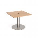 Eternal square meeting table 1000mm x 1000mm with central circular cutout 80mm - brushed steel base and beech top