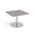 Eternal square meeting table 1000mm x 1000mm with central circular cutout 80mm - brushed steel base and grey oak top