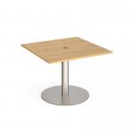 Eternal square meeting table 1000mm x 1000mm with central circular cutout 80mm - brushed steel base and oak top