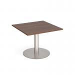 Eternal square meeting table 1000mm x 1000mm with central circular cutout 80mm - brushed steel base and walnut top