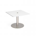 Eternal square meeting table 1000mm x 1000mm with central circular cutout 80mm - brushed steel base, white top ETN10-CO-BS-WH