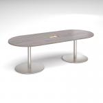Eternal radial end boardroom table 2400mm x 1000mm with central cutout 272mm x 132mm - brushed steel base and grey oak top