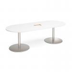 Eternal radial end boardroom table 2400mm x 1000mm with central cutout 272mm x 132mm - brushed steel base and white top