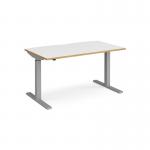 Elev8 Mono straight sit-stand desk 1400mm x 800mm - silver frame, white top with oak edge EVM-1400-S-WO