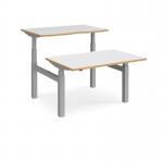 Elev8 Touch sit-stand back-to-back desks 1200mm x 1650mm - silver frame, white top with oak edge EVTB-1200-S-WO