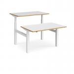 Elev8 Touch sit-stand back-to-back desks 1200mm x 1650mm - white frame, white top with oak edge EVTB-1200-WH-WO