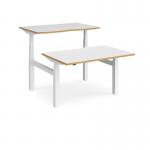 Elev8 Touch sit-stand back-to-back desks 1200mm x 1650mm - white frame, white top with oak edge EVTB-1200-WH-WO