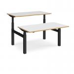 Elev8 Touch sit-stand back-to-back desks 1400mm x 1650mm - black frame and white top with oak edge