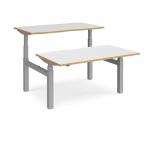 Elev8 Touch sit-stand back-to-back desks 1400mm x 1650mm - silver frame, white top with oak edge EVTB-1400-S-WO