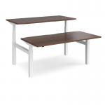 Elev8 Touch sit-stand back-to-back desks 1600mm x 1650mm - white frame, walnut top EVTB-1600-WH-W