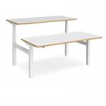 Elev8 Touch sit-stand back-to-back desks 1600mm x 1650mm - white frame and white top with oak edge