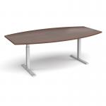 Elev8 Touch radial boardroom table 2400mm x 800/1300mm - silver frame and walnut top