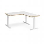 Elev8 Touch sit-stand desk 1400mm x 800mm with 800mm return desk - white frame, white top with oak edge EVTR-1400-WH-WO