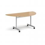 Semi circular flip top meeting table with silver frame 1600mm x 800mm - oak FLPS-S-O