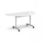 Semi circular flip top meeting table with silver frame 1600mm x 800mm - white FLPS-S-WH