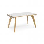 Fuze single desk 1400mm x 800mm with oak legs - white underframe, white top with oak edging FZ148-WH-WO