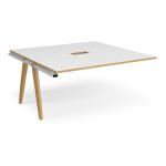 Fuze boardroom table add on unit 1600mm x 1600mm with central cutout 272mm x 132mm - white frame and white top with oak edge
