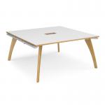 Fuze square boardroom table 1600mm x 1600mm with central cutout 272mm x 132mm - white frame and white top with oak edge