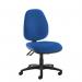 This picture features a pair of blue Dams High Back Chairs, specifically the Jota XL model. They are upholstered in fabric and have no arms, providing a sleek and simple design. The high back offers ample support for the users back.