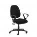 The photo shows a set of Dams High Back Chairs, specifically the Jota XL fabric back operator chair in black with fixed arms. The chairs have a sleek, modern design with comfortable fabric seats and backs. The fixed arms add support and stability, making these chairs perfect for any office setting.